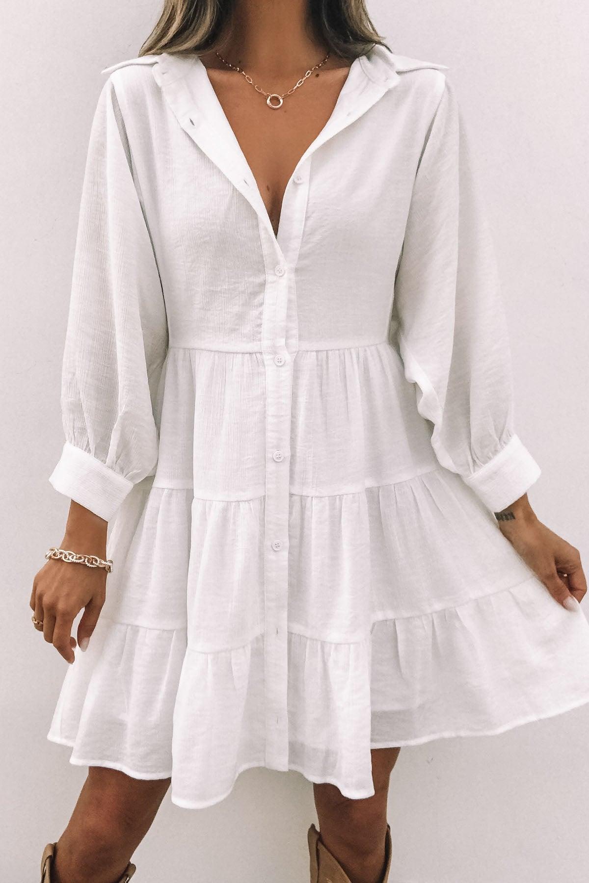 White Balloon Sleeve Tiered Mini Dress Product Image
