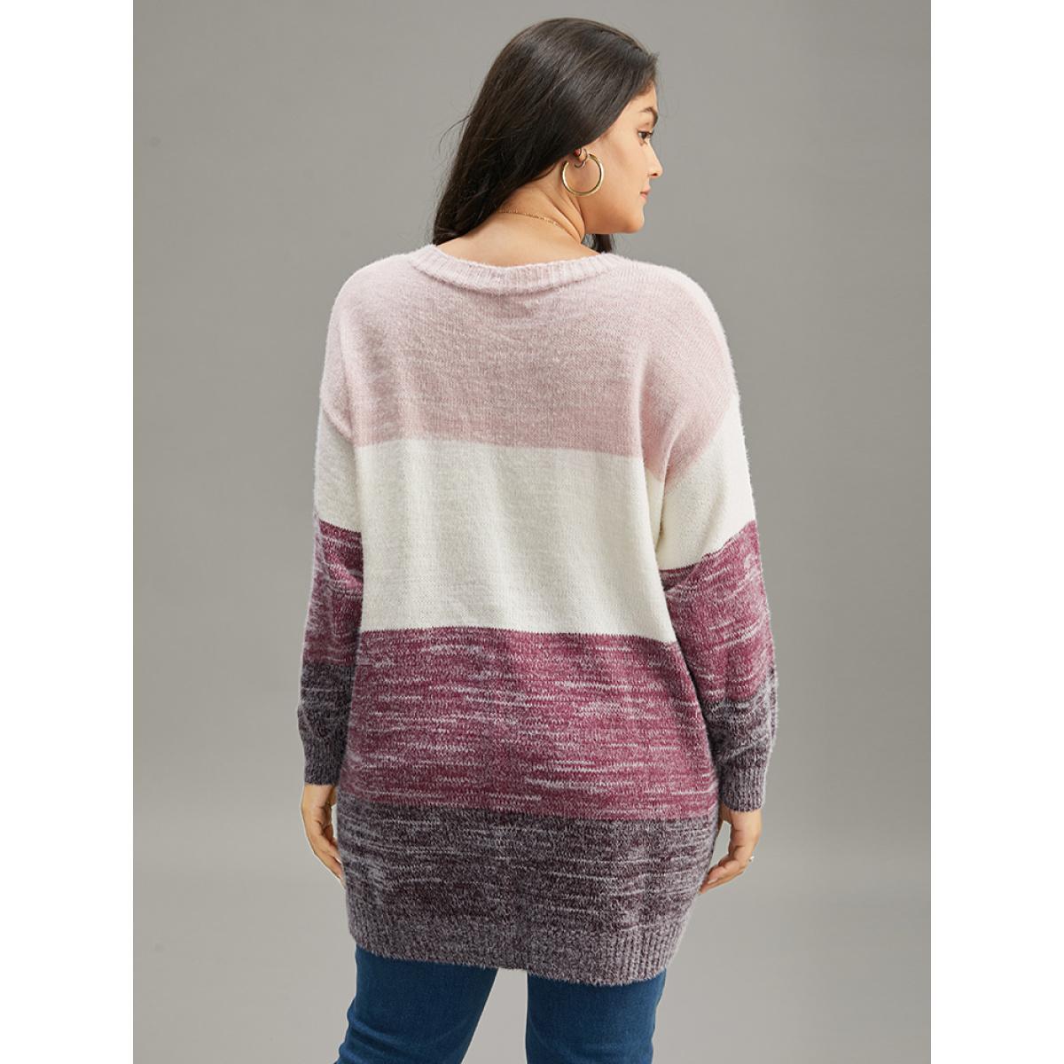 Plus Size Colorblock Button Through Fuzzy Cardigan Multicolor Women Casual Loose Long Sleeve Dailywear Cardigans BloomChic 10/M Product Image