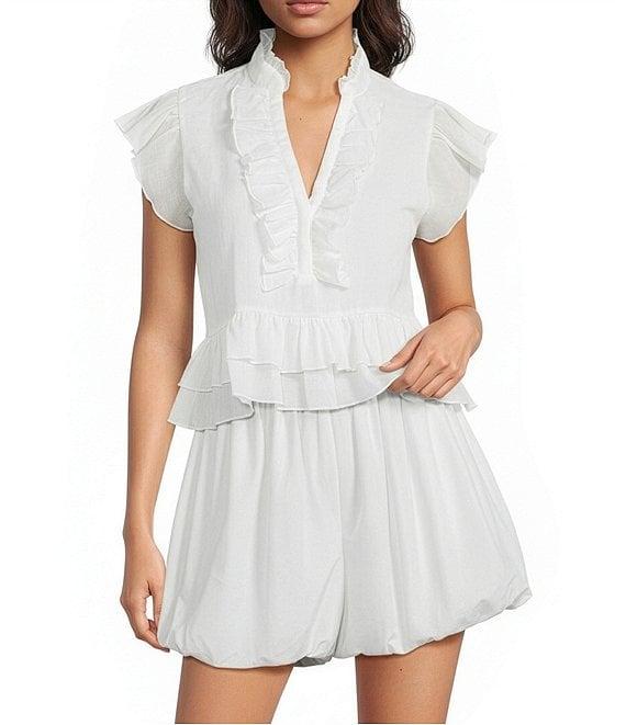 A Loves A Woven Ruffle Collar Split V-Neck Flutter Cap Sleeve Cropped Blouse Product Image