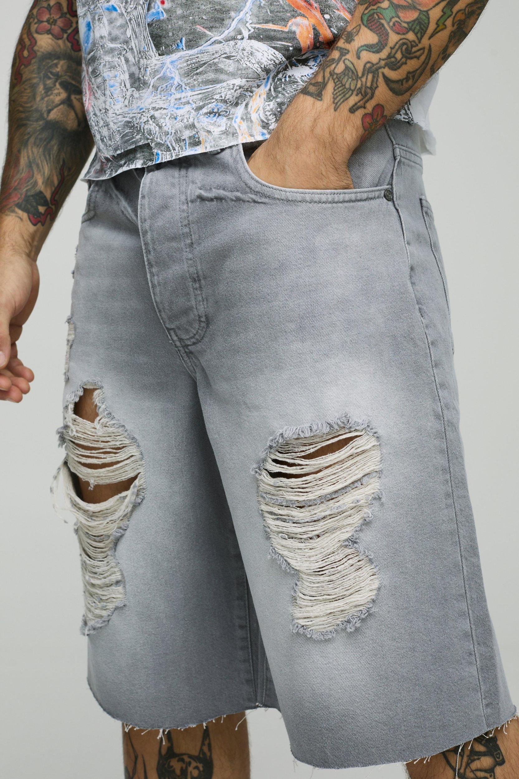 Regular Fit Light Grey Washed Ripped Jorts | boohooMAN USA Product Image