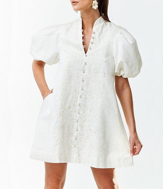 Mestiza New York Linen Blend Elliana Mandarin Collar Puff Sleeve Embroidered Button Front Mini Dress Product Image