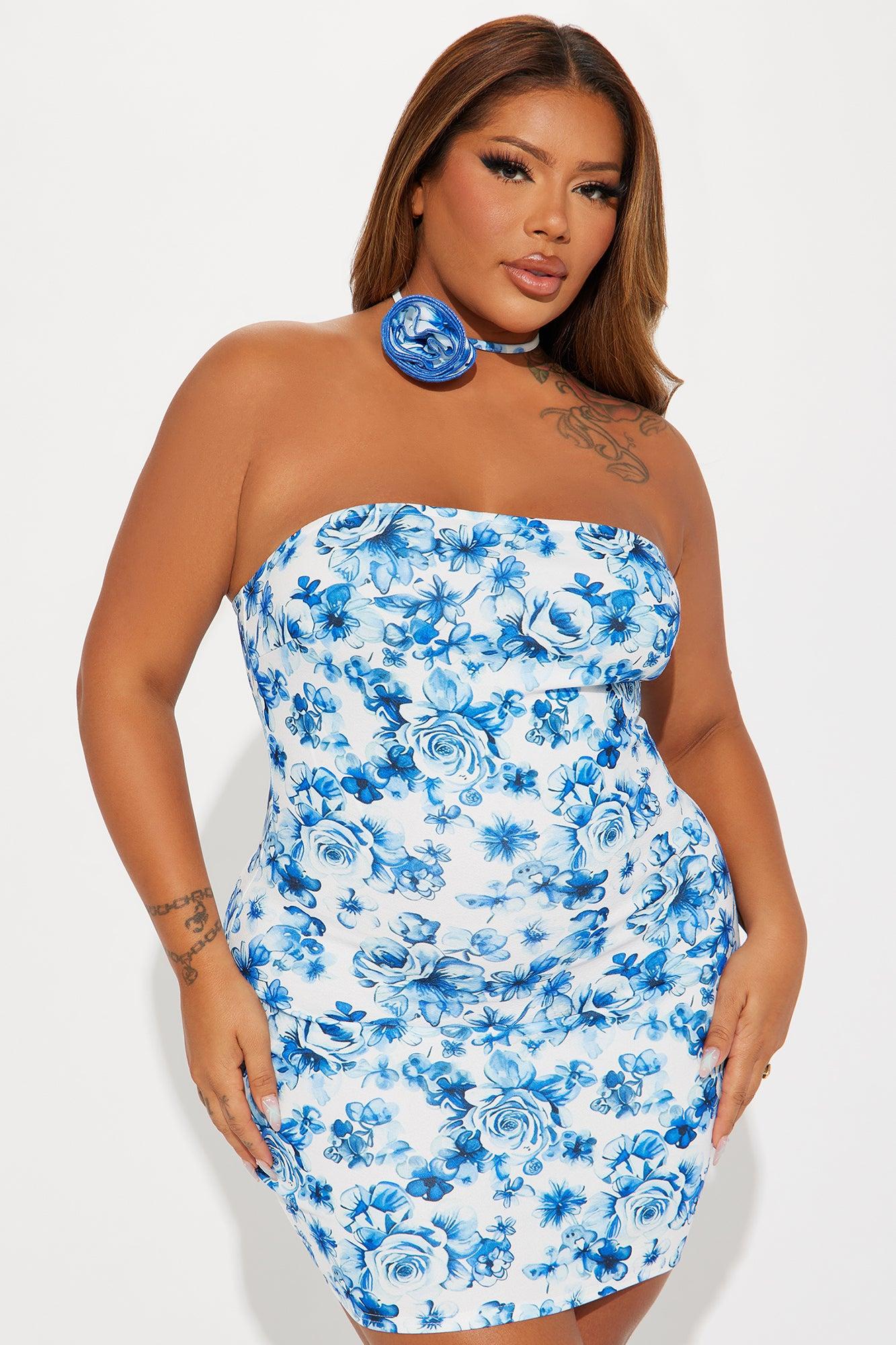 Enchanted Blooms Mini Dress - White/Blue Product Image