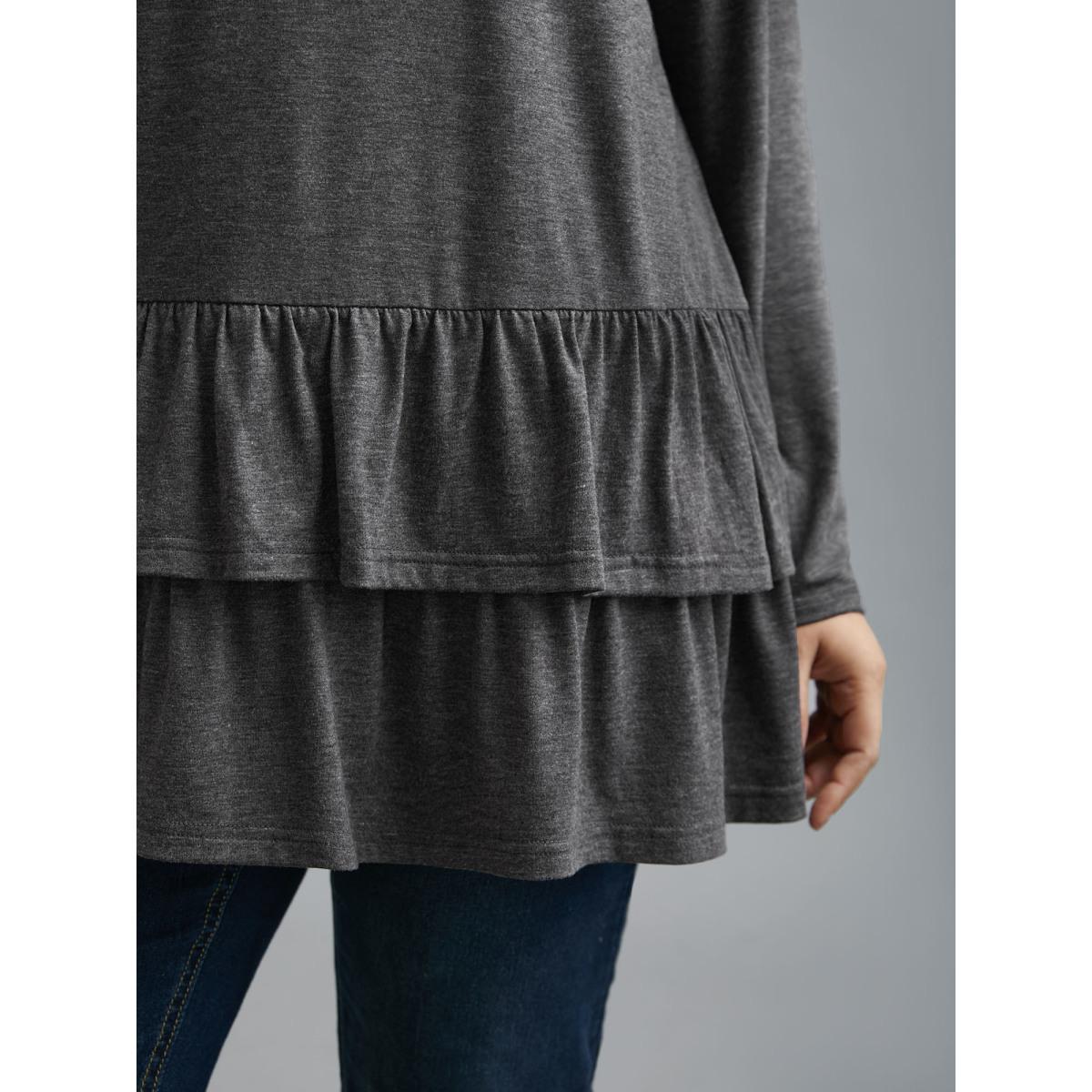 Plus Size Round Neck Tiered Ruffles Hem T-Shirt DimGray Women Elegant Gathered Round Neck Everyday T-shirts BloomChic 12/L Product Image