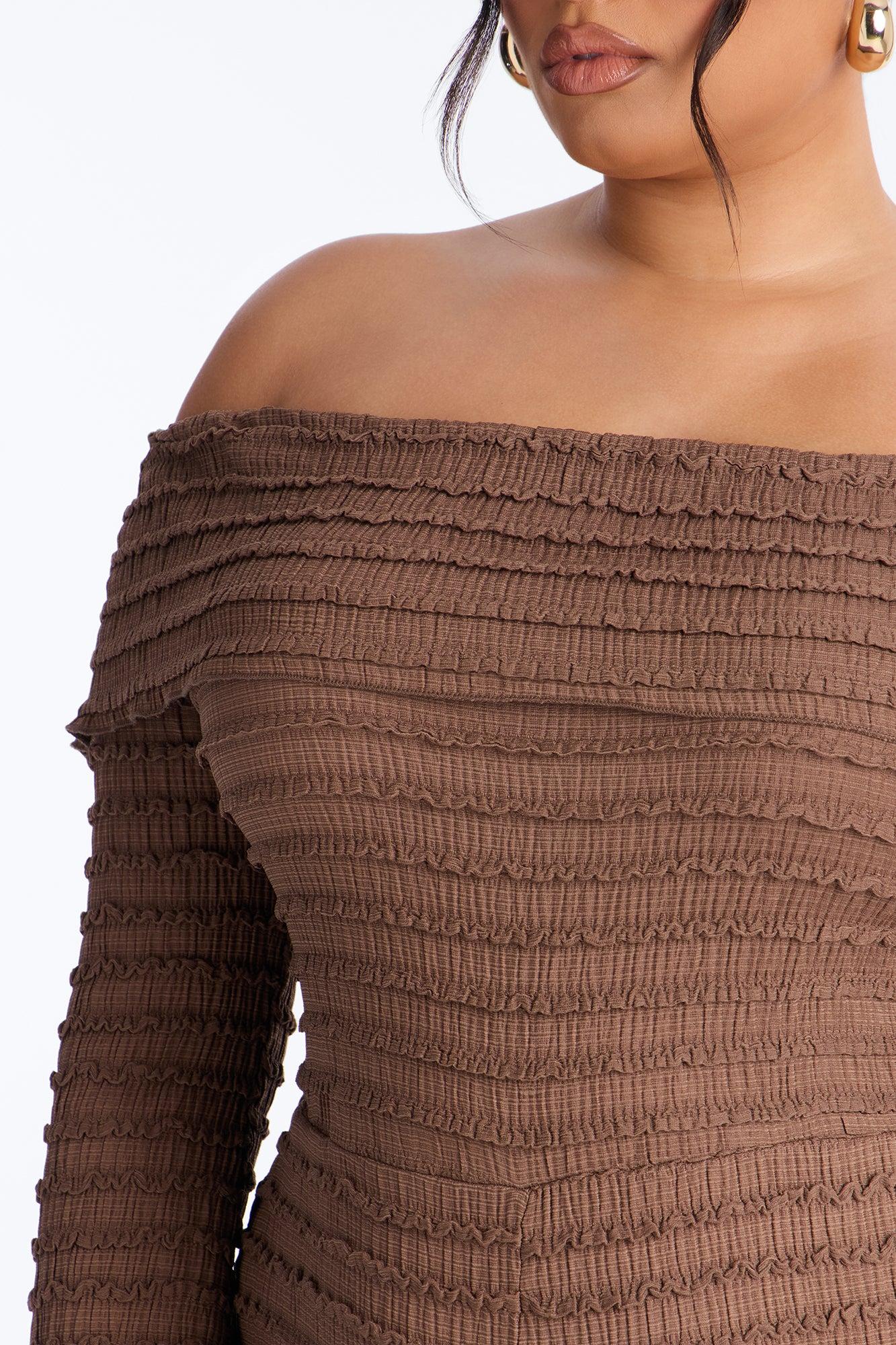 Francesca Textured Off Shoulder Jumpsuit - Chocolate Female Product Image