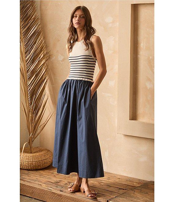 Skies Are Blue Striped Mixed Media Sleeveless Crew Neck Midi Dress Product Image