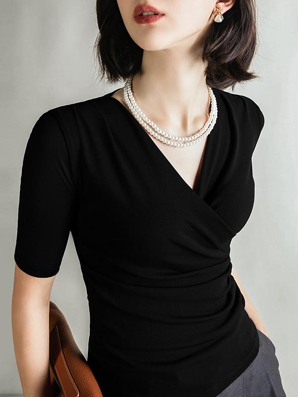 Half Sleeves Skinny Pleated Solid Color V-Neck T-Shirts Tops Product Image