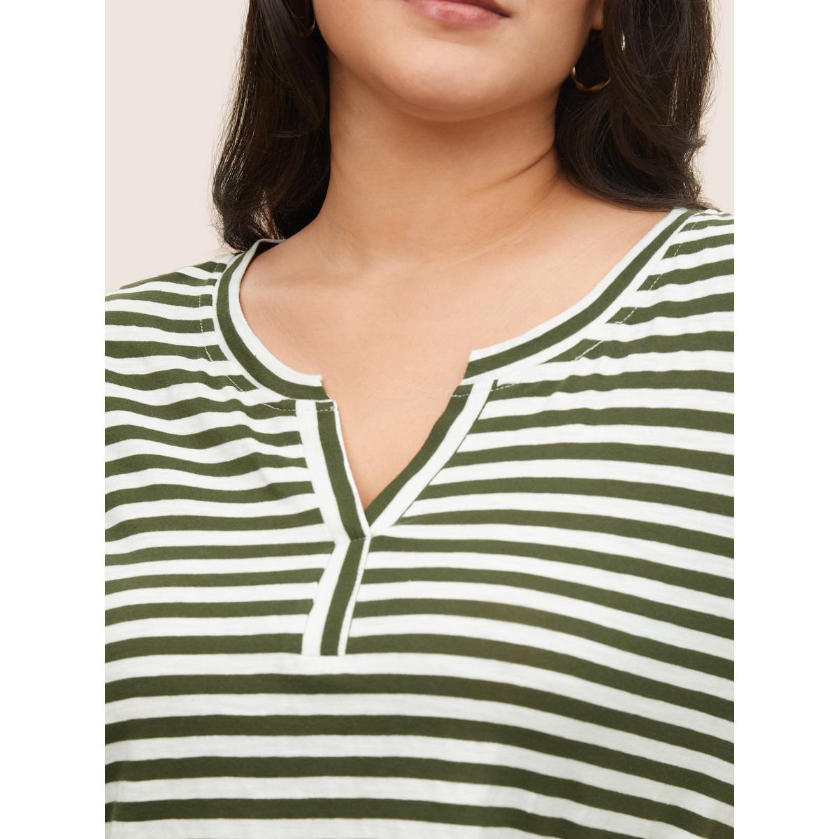 Plus Size Striped Print Notched T-shirt ArmyGreen Women Casual Contrast Striped Notched collar Everyday T-shirts BloomChic 30/6X Product Image