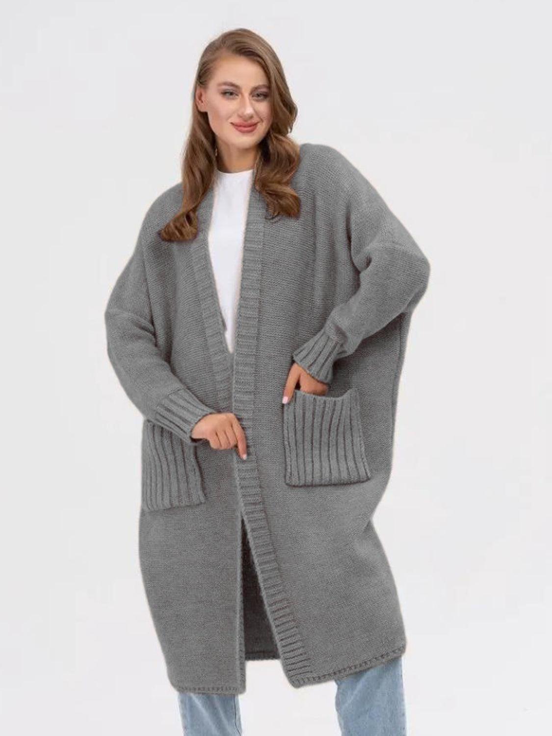Pocketed Open Front Long Sleeve Longline Cardigan Product Image