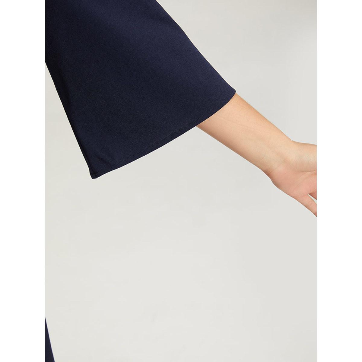 Plus Size Plain Keyhole Pocket Laser Cut Dress Navy Women Office Plain Notched collar Elbow-length sleeve Curvy Midi Dress BloomChic 28/5X Product Image