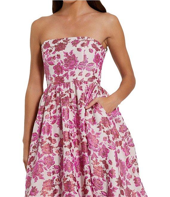 Mac Duggal Strapless Floral Brocade Ruffle Hem Fit & Flare Midi Dress Product Image