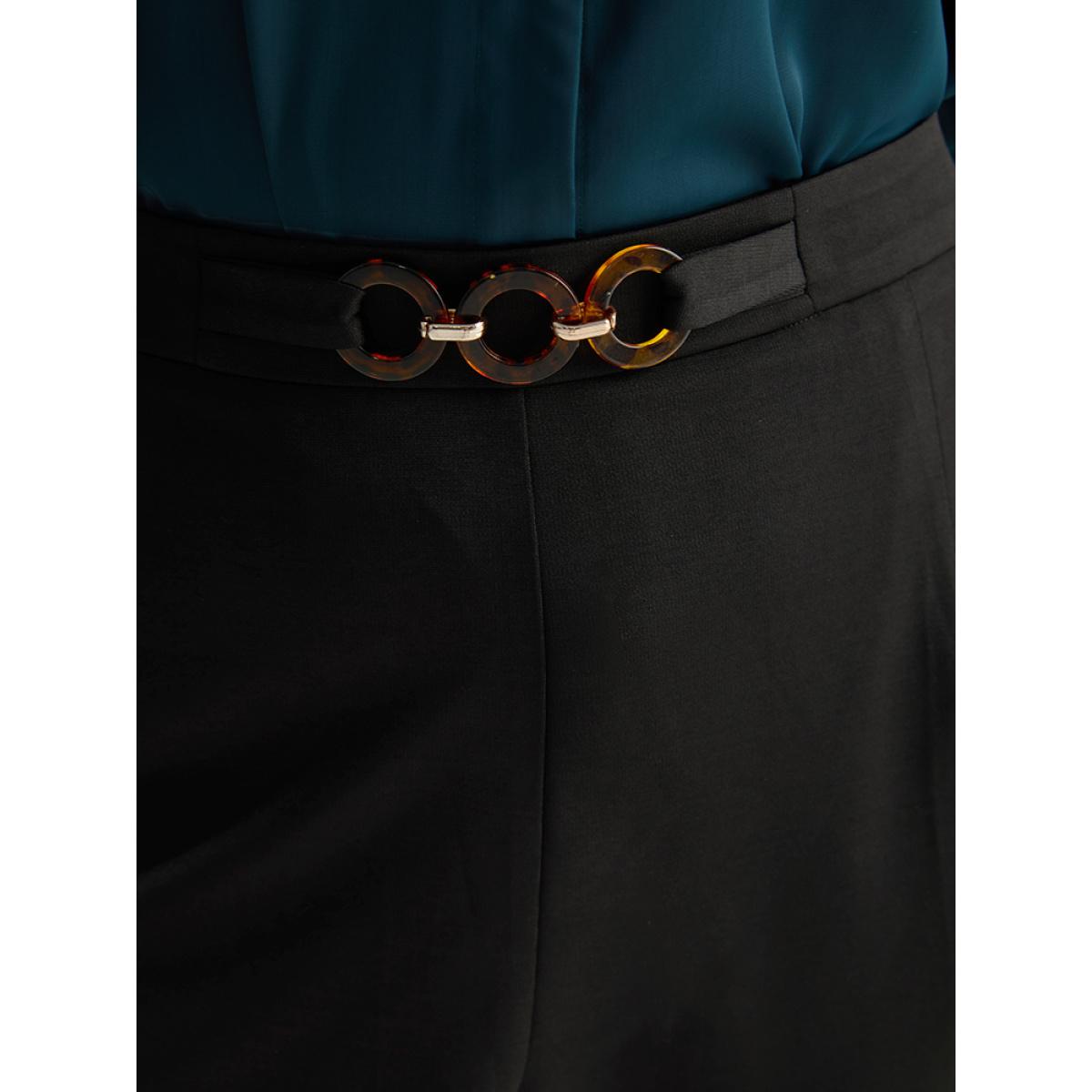 Plus Size Plain Pocket Buckle Detail Elastic Waist Pants Women Black Office Bodycon High Rise Office Pants BloomChic 26/4X Product Image