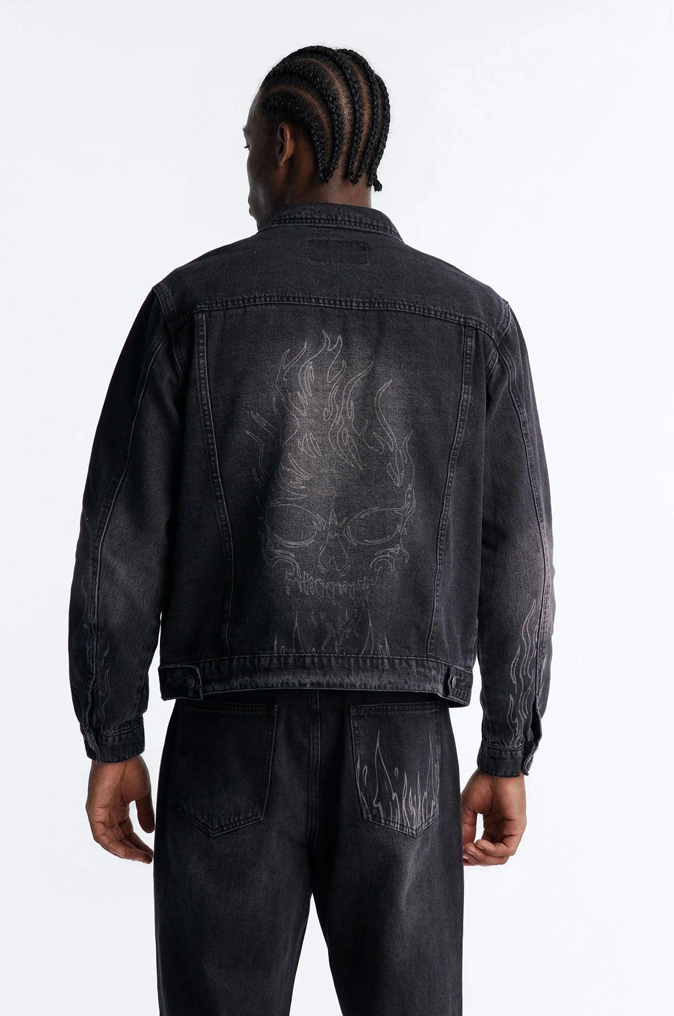 Cropped Hellfire Denim Trucker Jacket - Black Wash Product Image