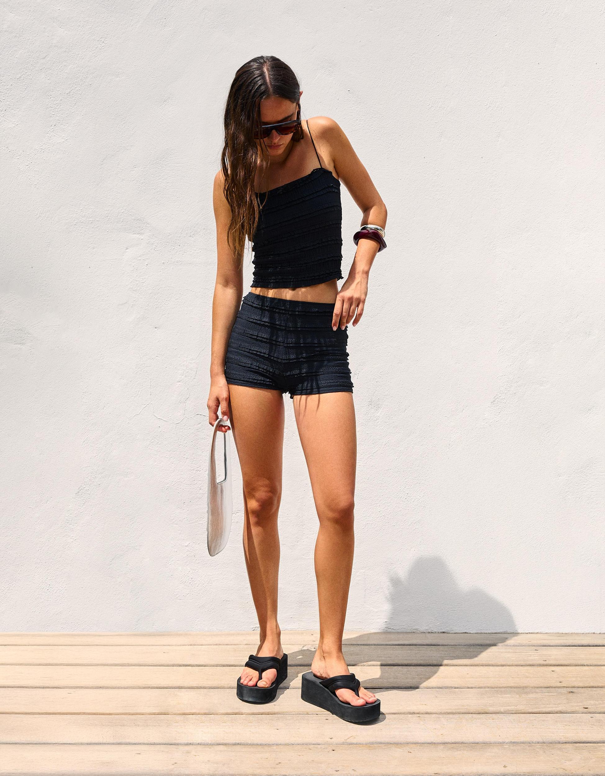 Textured waffle-knit shorts with ruffles Product Image