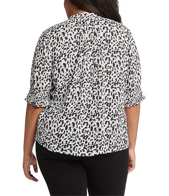 NYDJ Plus Size Printed Pleated 3/4 Smocked Cuff Sleeve Half-Button Front Blouse Product Image