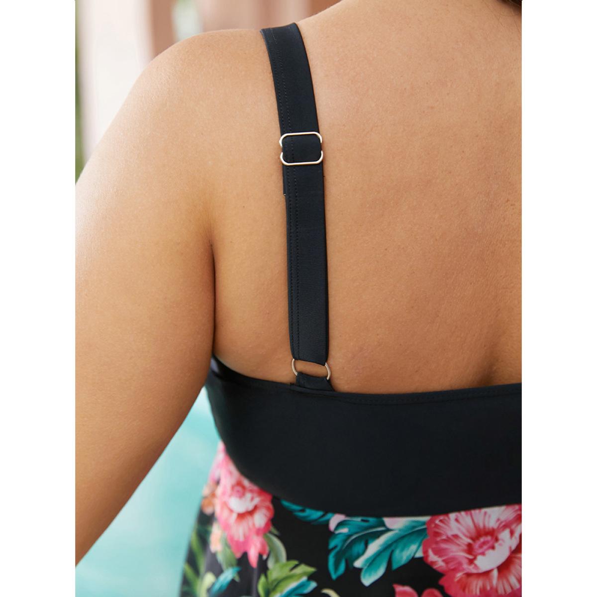 Plus Size Tropical Patchwork Flutter Hem Knot Front Swim Dress Women's Swimwear Black Vacation Bodycon V-neck High stretch Curve Swim Dresses BloomChic 18-20/2X Product Image