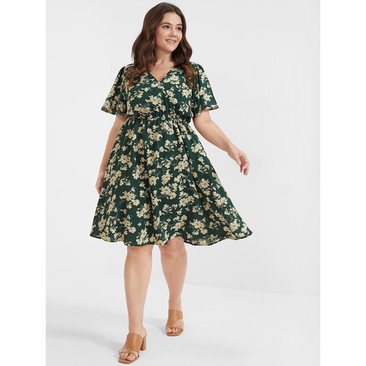 Plus Size Floral Belted Button Ruffled Wrap Knee Dress Green Women Elegant Printed V-neck Short sleeve Curvy Knee Dress BloomChic 28/5X Product Image