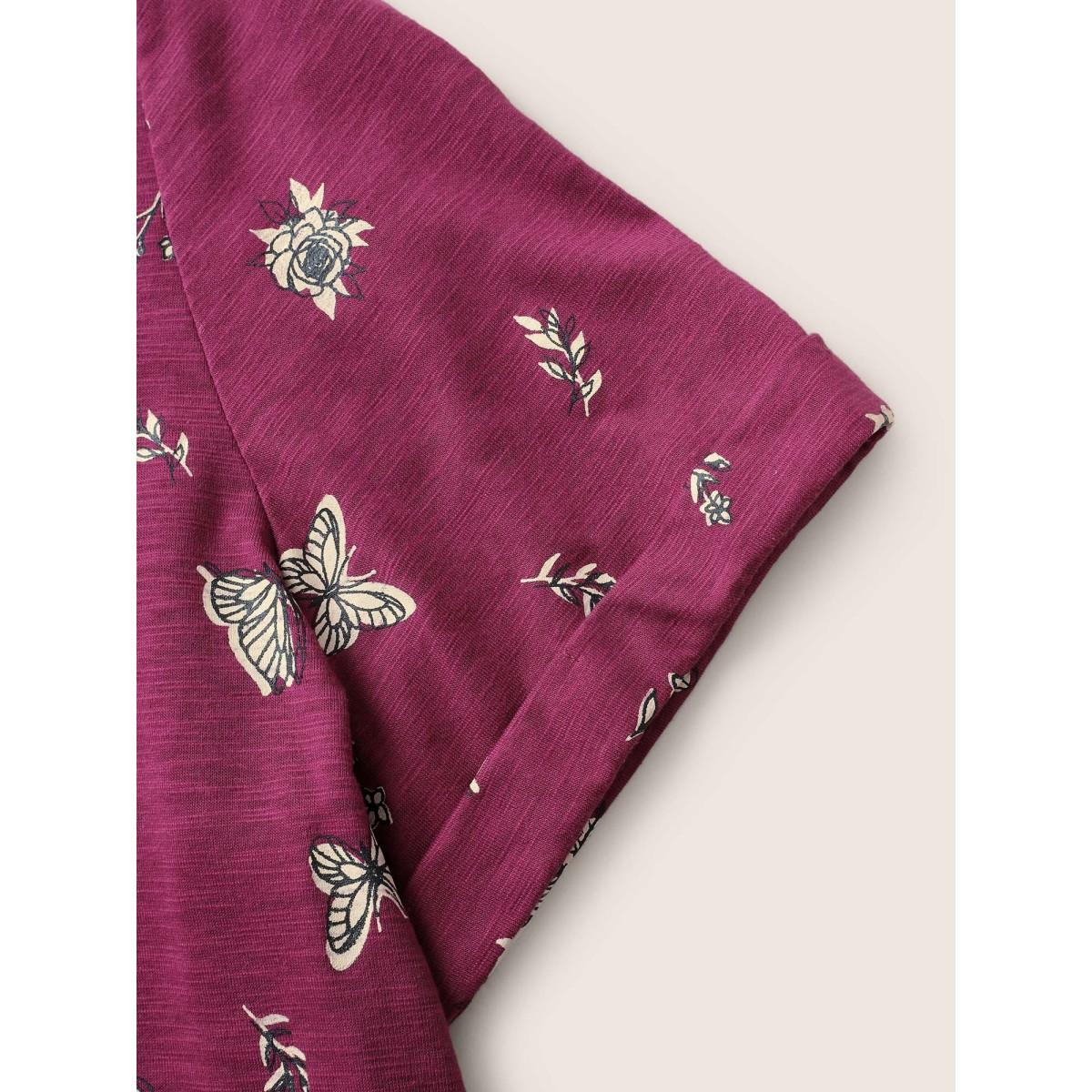 Plus Size Butterfly Print Cuffed Sleeve T-shirt Purple Women Resort Non Animal Round Neck Vacation T-shirts BloomChic 30/6X Product Image