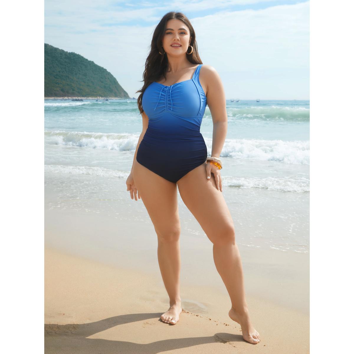 Plus Size Gradient Adjustable Drawstring Ruched One-Piece Swimsuit Women's Swimwear Mediumblue Beach Gathered Curve Bathing Suits High stretch One Pieces BloomChic 22-24/3X Product Image