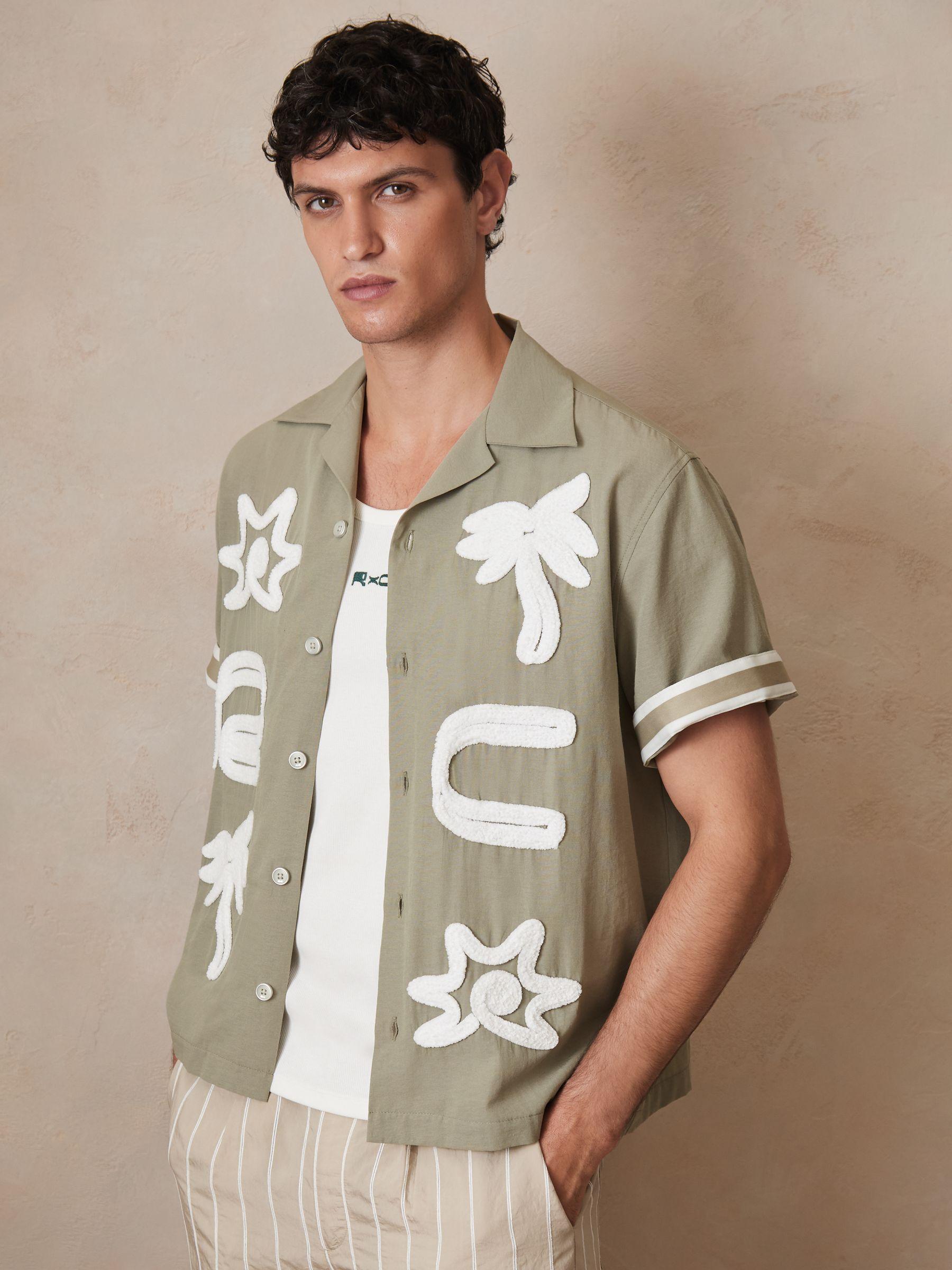 Reiss | Ché Motif-Embroidered Shirt in Sage/White Product Image