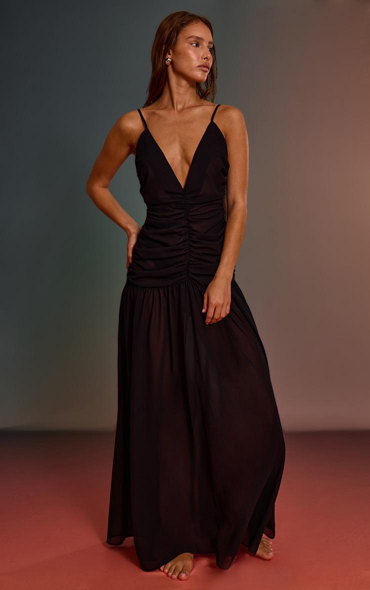 Black Chiffon Ruched Maxi Beach Dress Product Image