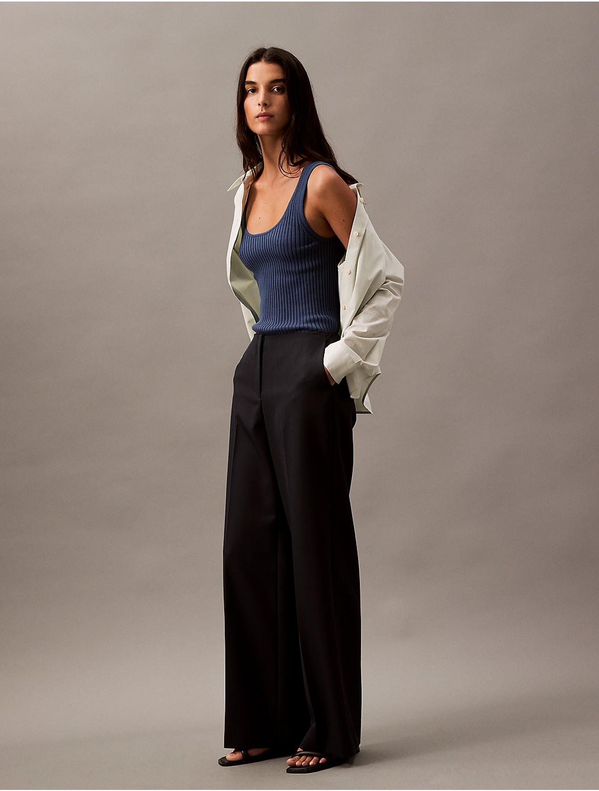 Calvin Klein Womens Pinstripe Crepe Wide Leg Trouser - Black Product Image