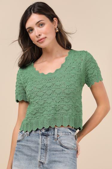 Sweetest Example Dark Green Pointelle Knit Short Sleeve Top Product Image