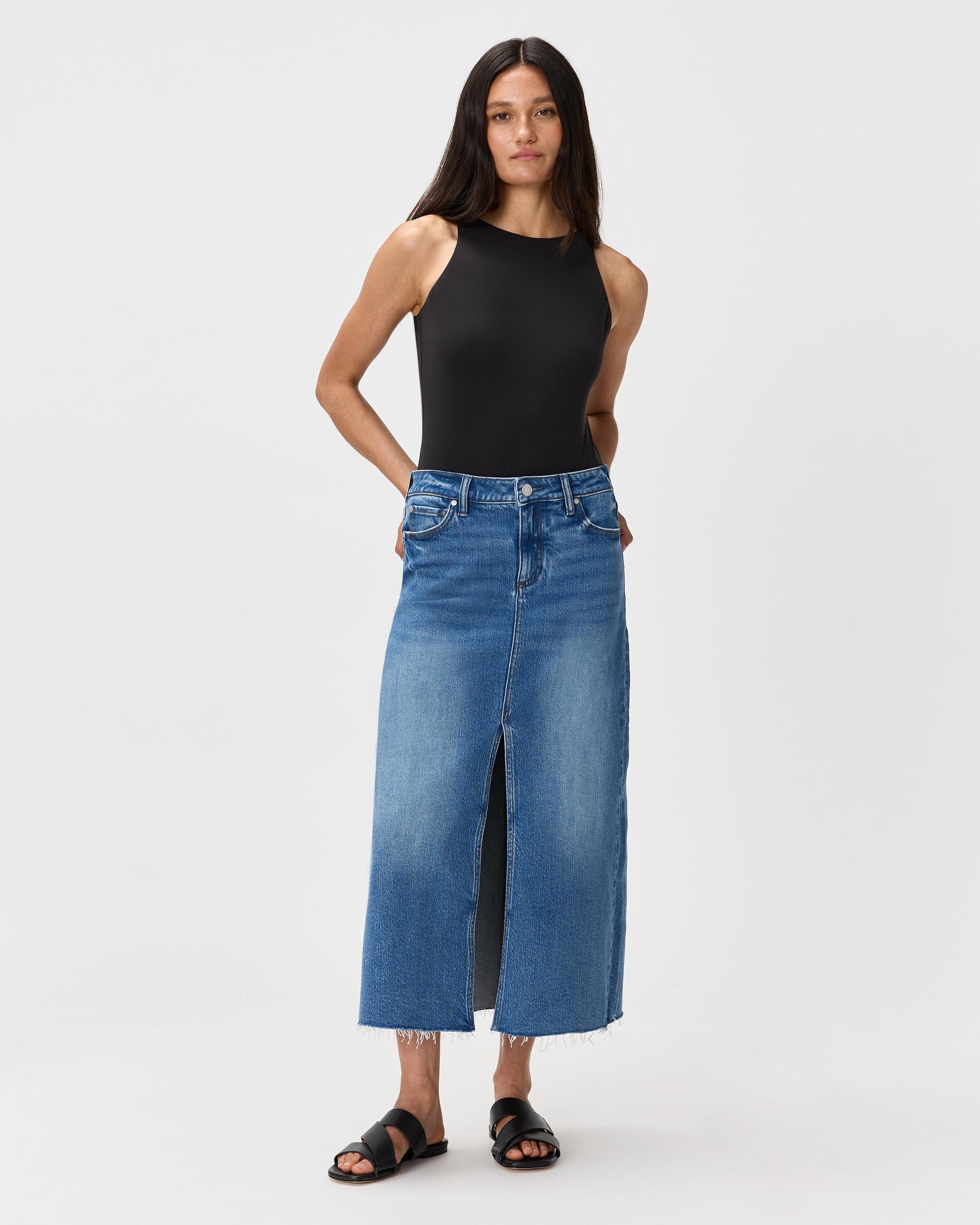 Quince | Women's Stretch Denim 5-Pocket Midi Skirt Organic Cotton Product Image