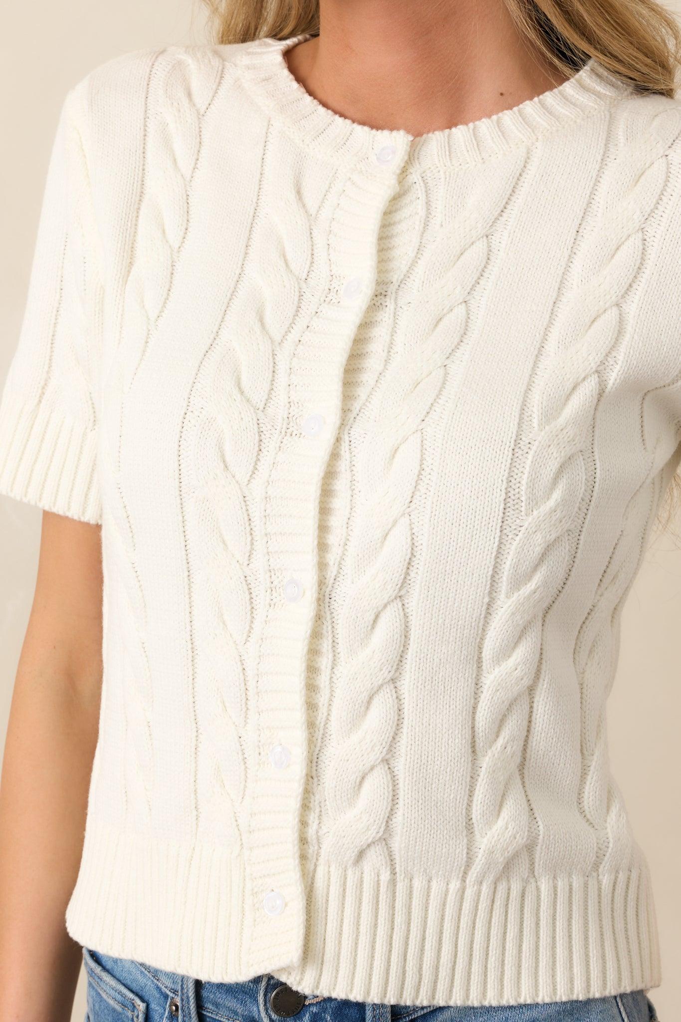 Feels Like Home Ivory Short Sleeve Cable Knit Cardigan Product Image