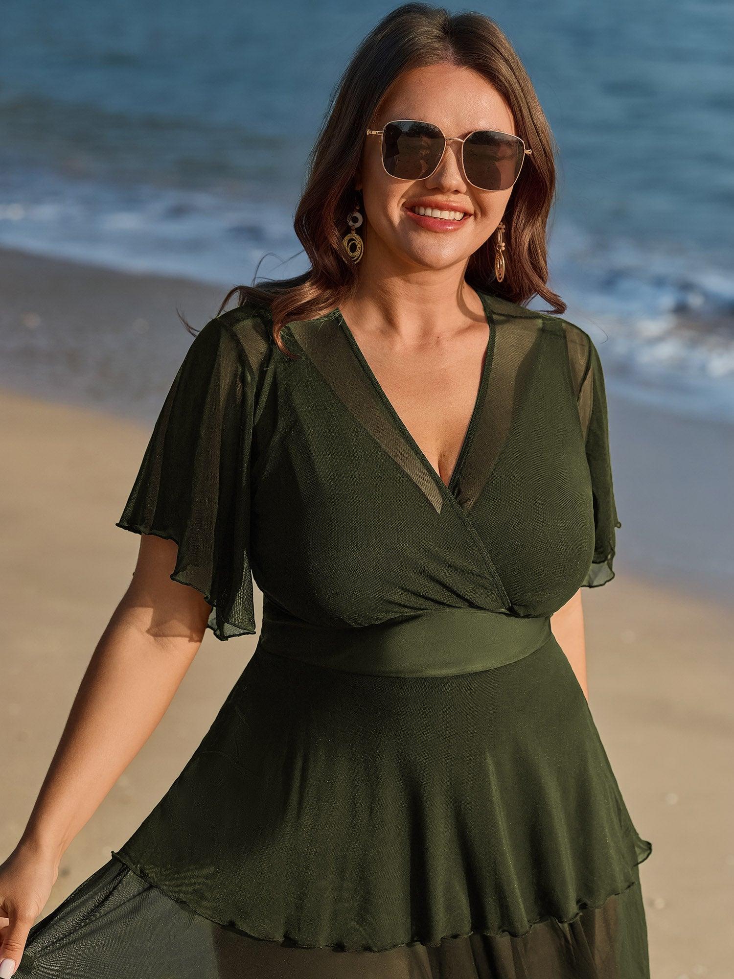 Sheer Ruffled Sleeve Layered Swim Dress Female Product Image