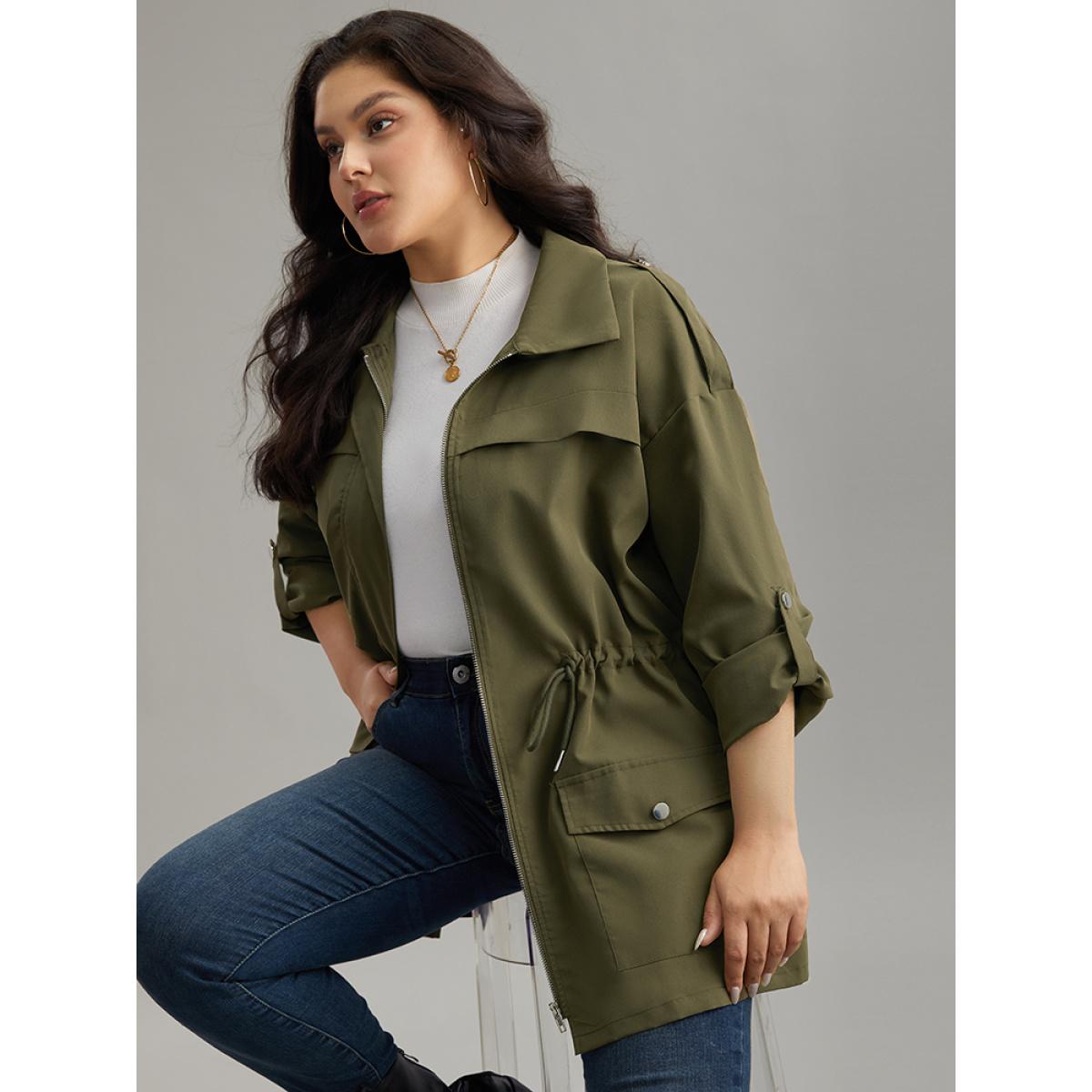 Plus Size Solid Zipper Drawstring Tab Sleeve Trench Coat Women ArmyGreen Casual Plain Ladies Dailywear Winter Coats BloomChic 22-24/3X Product Image