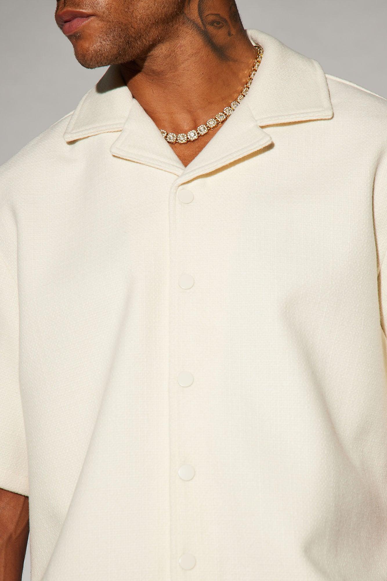 Wilder Textured Weave Cropped Button Up Shirt - Cream Product Image