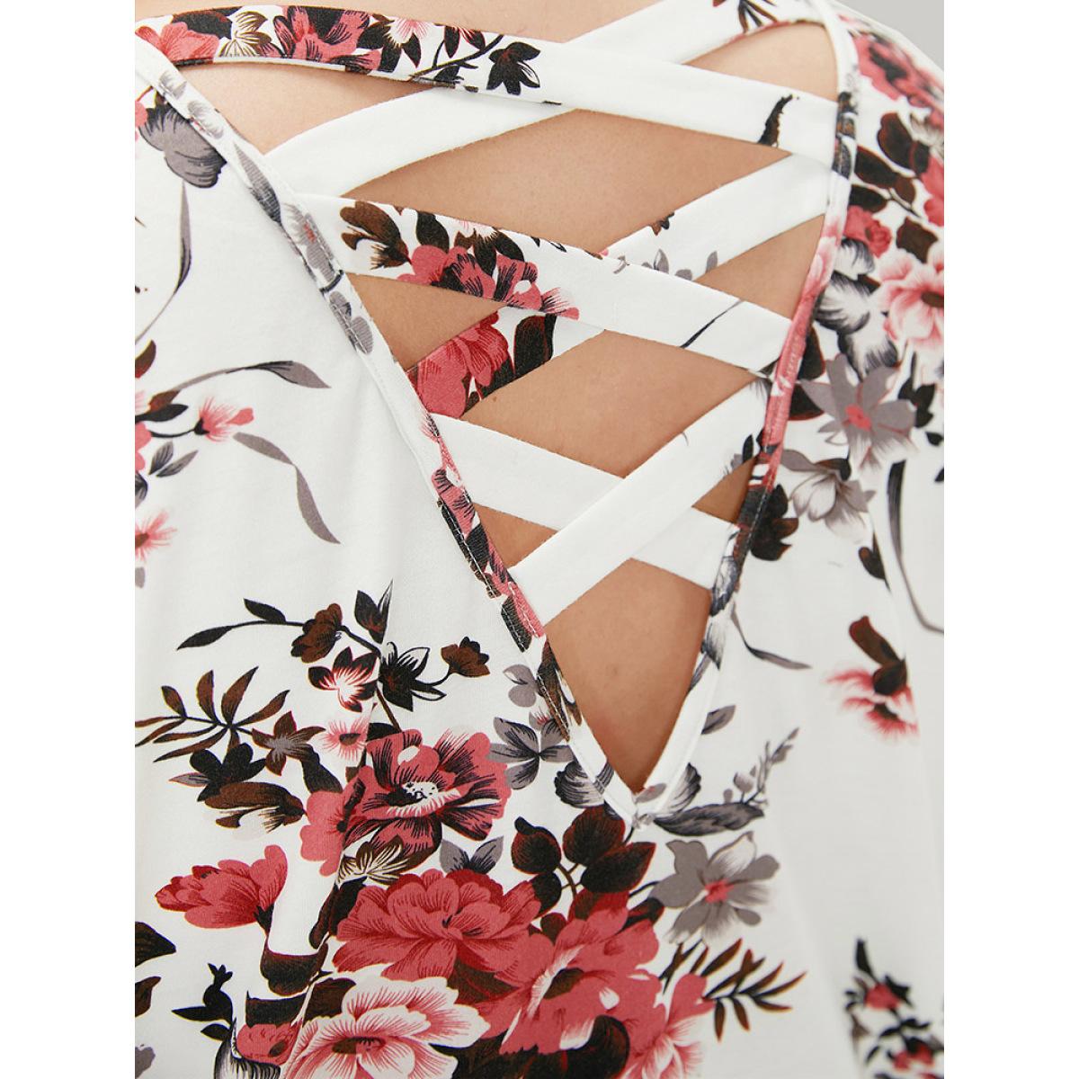 Plus Size Floral Print Crew Neck Crisscross Sweatshirt Women White Elegant Elastic cuffs Round Neck Dailywear Sweatshirts BloomChic 14-16/1X Product Image