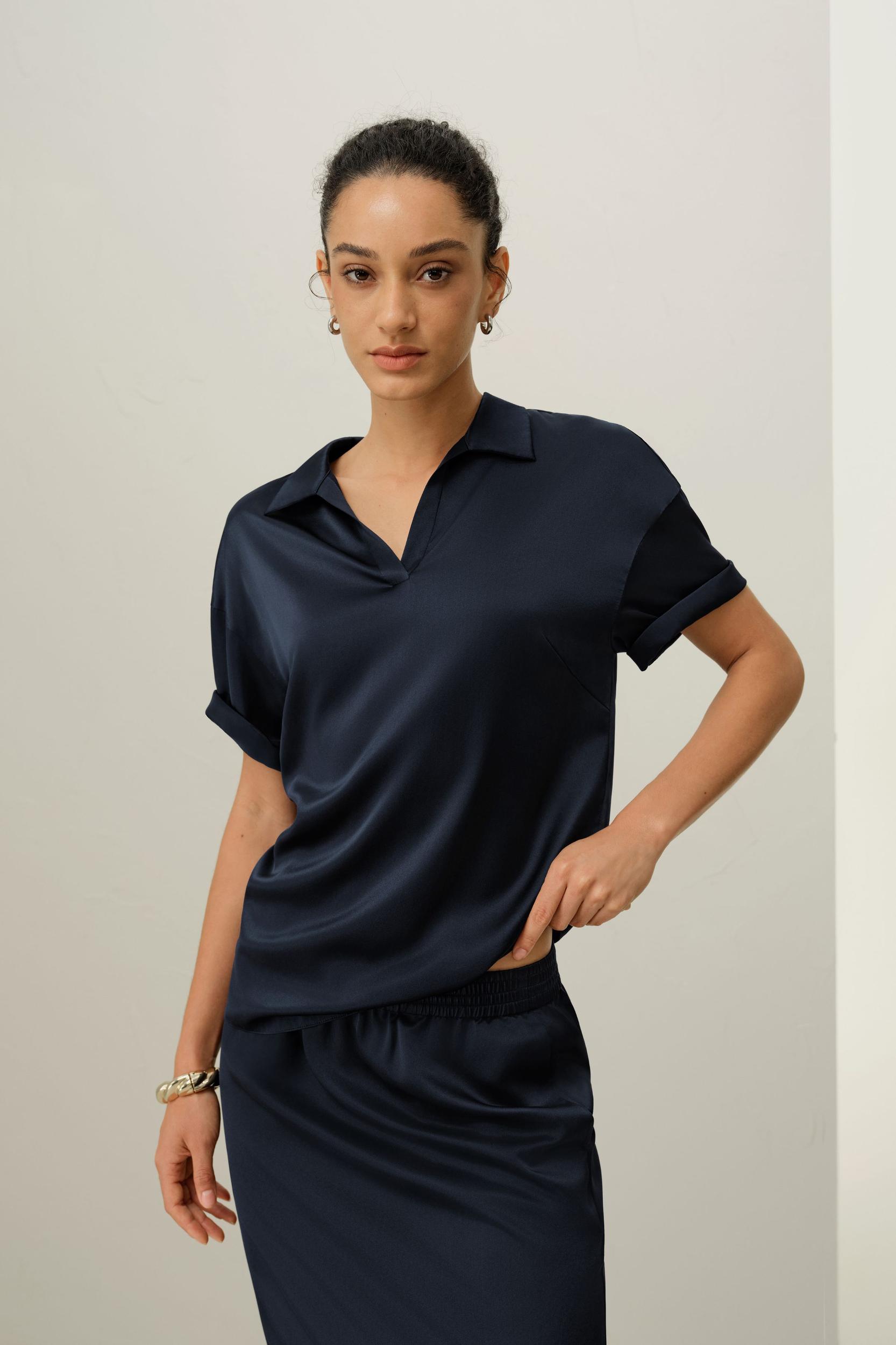 Washable Silk Charmeuse Polo Top Product Image
