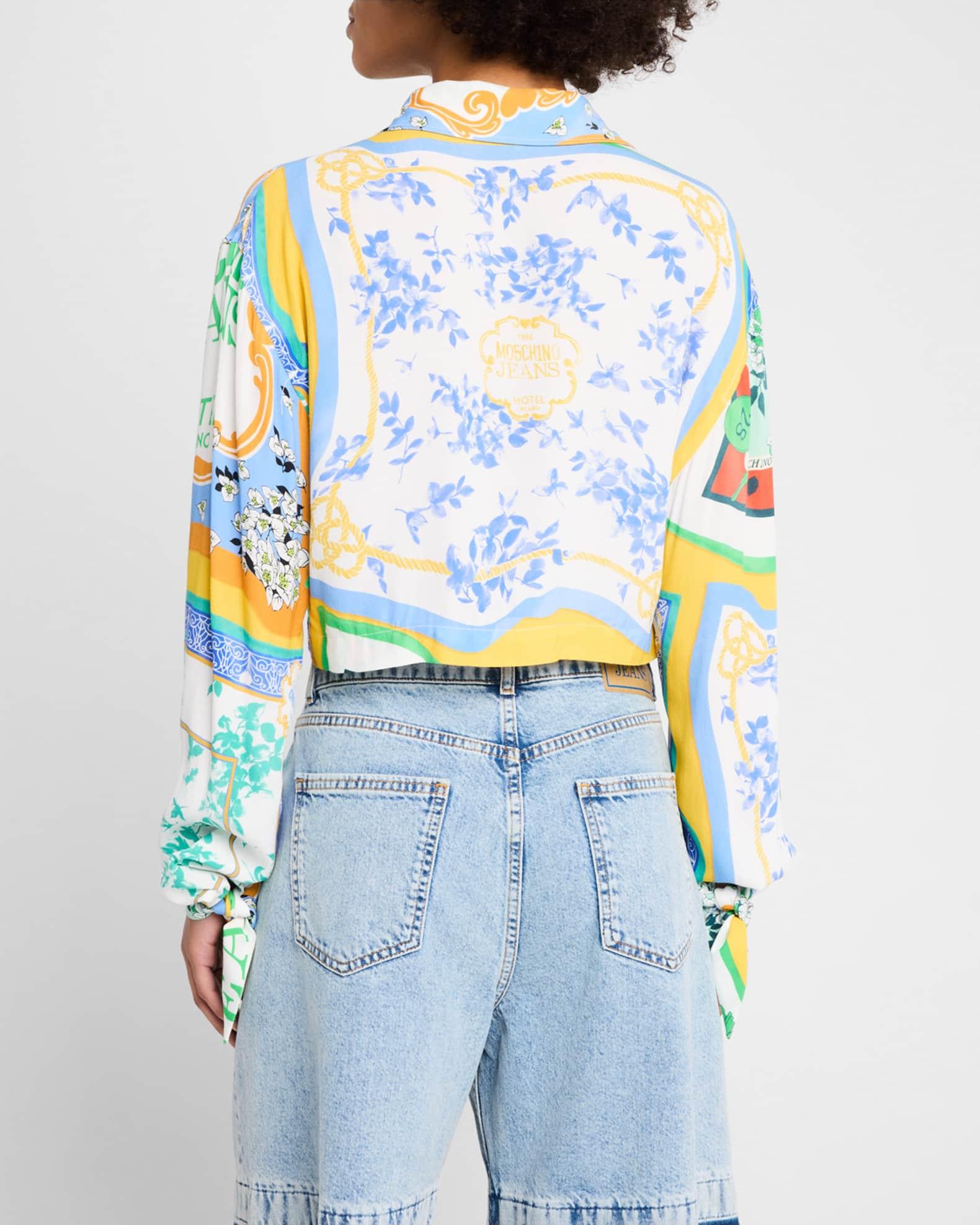 Cropped Long-Sleeve Scarf-Print Blouse Product Image