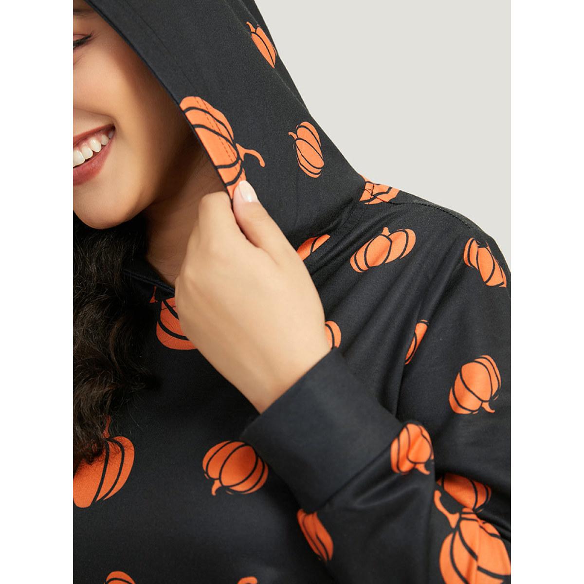 Plus Size Pumpkin Print Hooded Sweatshirt Women Black Casual Elastic cuffs Hooded Festival-Halloween Sweatshirts BloomChic 10/M Product Image
