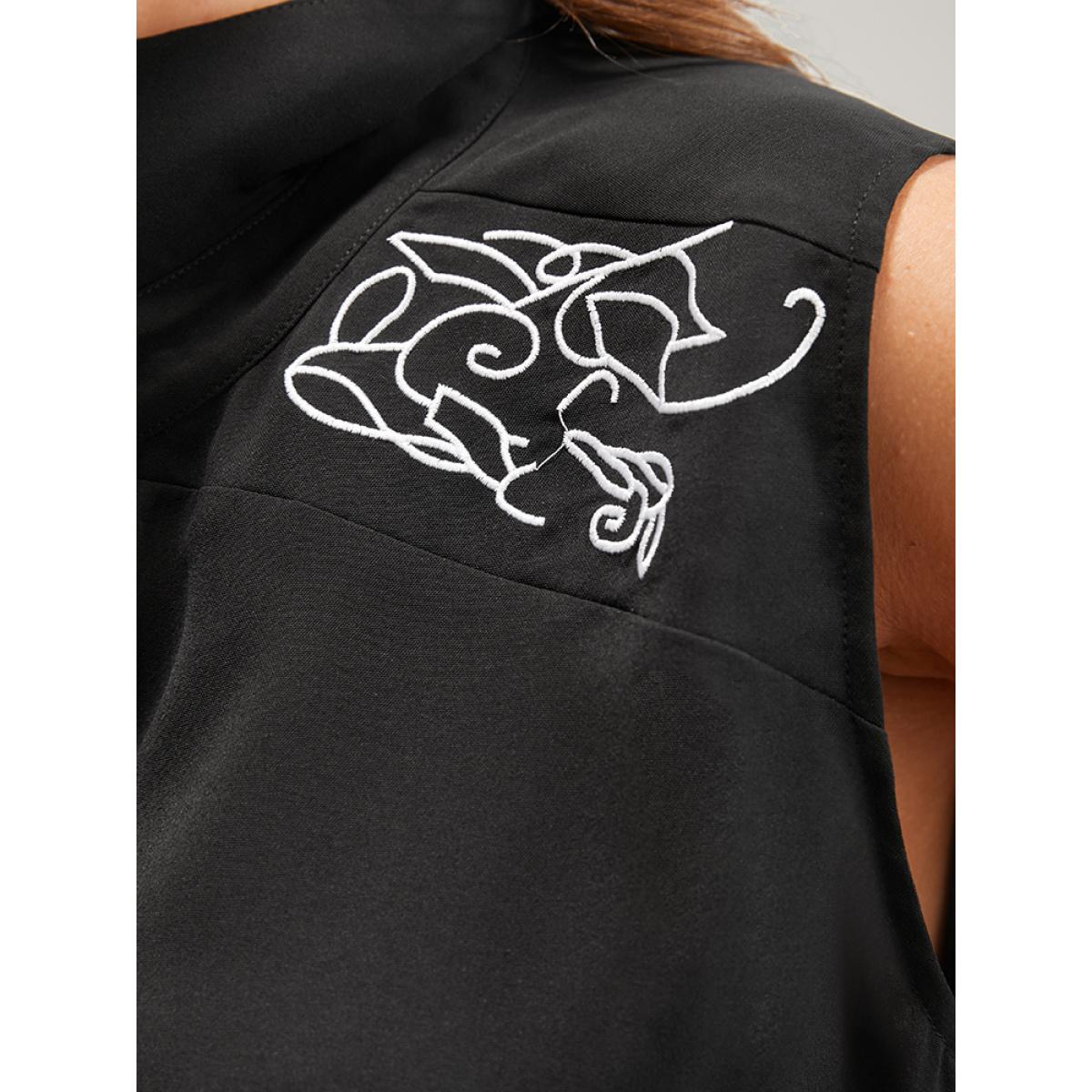 Plus Size Halloween Button Sleeveless Shirt Collar Knee Dress Black Women Elegant Embroidered Shirt collar Sleeveless Curvy Knee Dress BloomChic 10/M Product Image