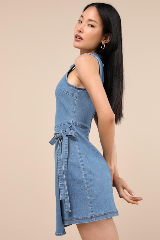 Albena Medium Wash Denim Sleeveless Mini Wrap Dress Product Image