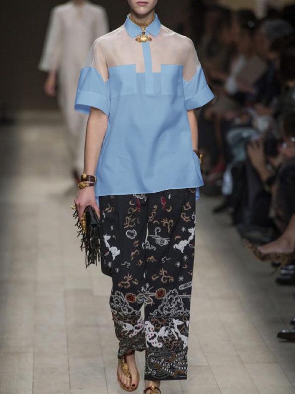 Short Sleeves See-Through Solid Color Split-Joint Lapel Blouses&Shirts Tops Product Image