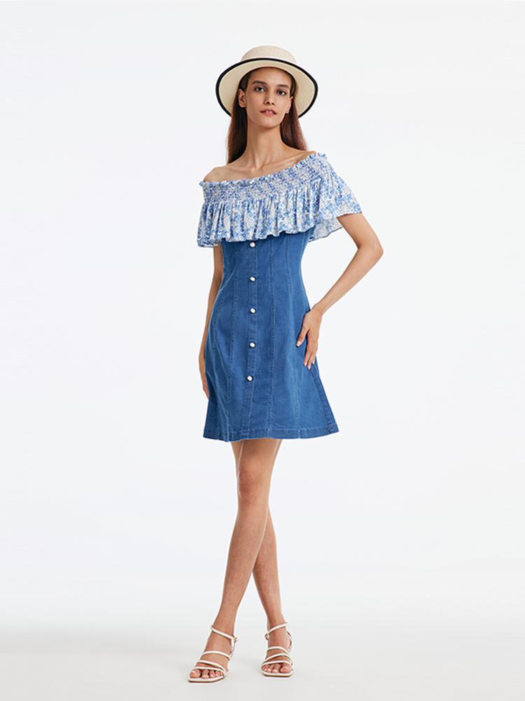 Denim Dress With Patchwork Floral Product Image
