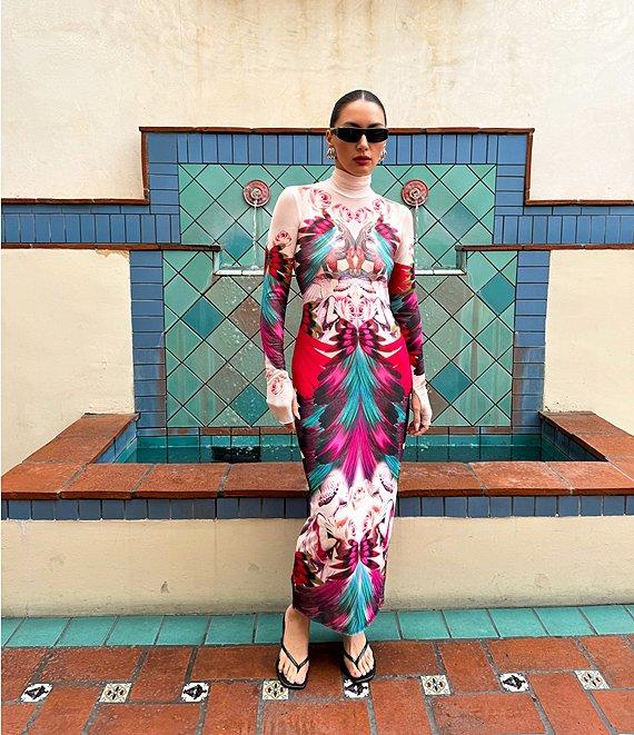 AFRM Shailene Feather Printed Turtleneck Long Sleeve Midi Dress Product Image