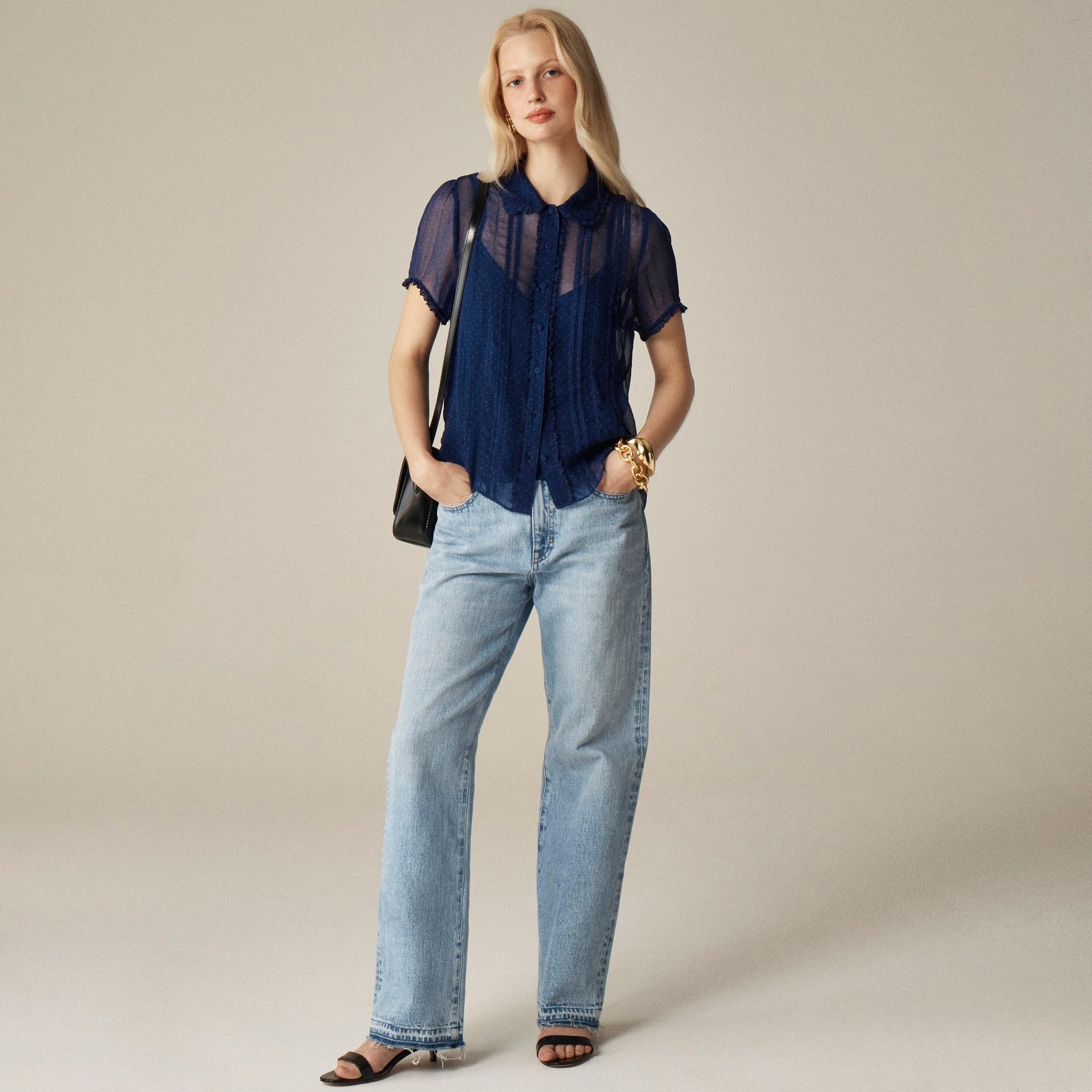 Sheer lace-trim button-up shirt in dot crinkle chiffon Product Image