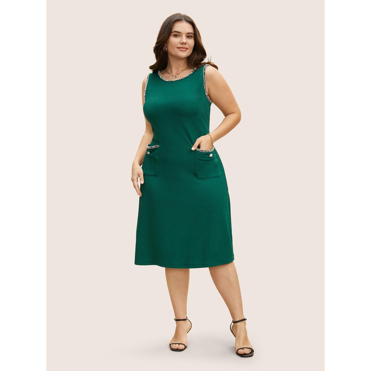Plus Size Round Neck Contrast Webbing Patched Pocket Dress DarkGreen Women Elegant Texture Round Neck Sleeveless Curvy BloomChic 12/L Product Image