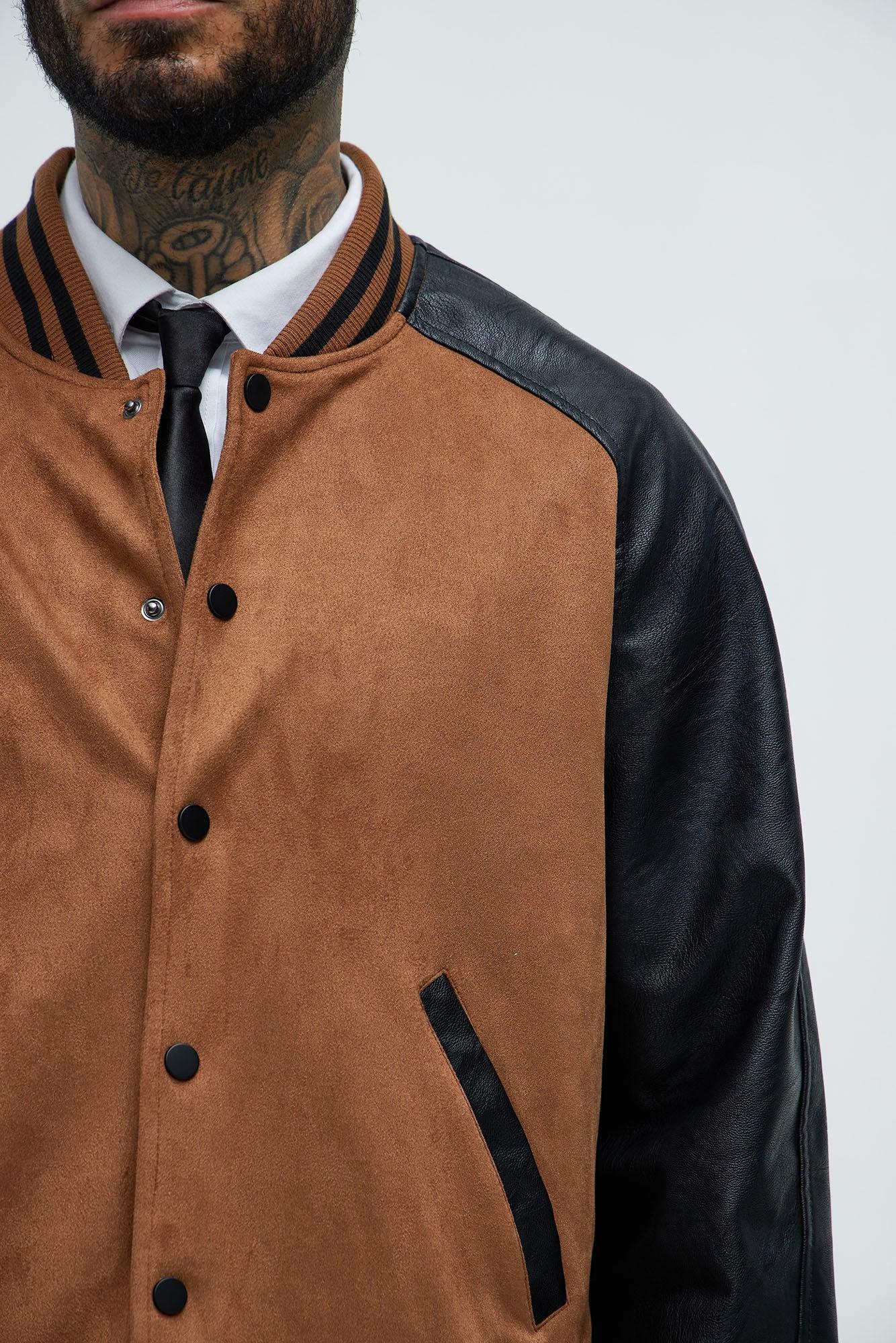 Faux Suede Raglan Varsity Jacket - Camel/combo Product Image