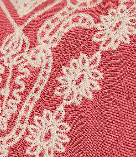 Leo & Nicole Plus Size Embroidered Crochet Boat Neck Trim Elbow Length Sleeve Top Product Image