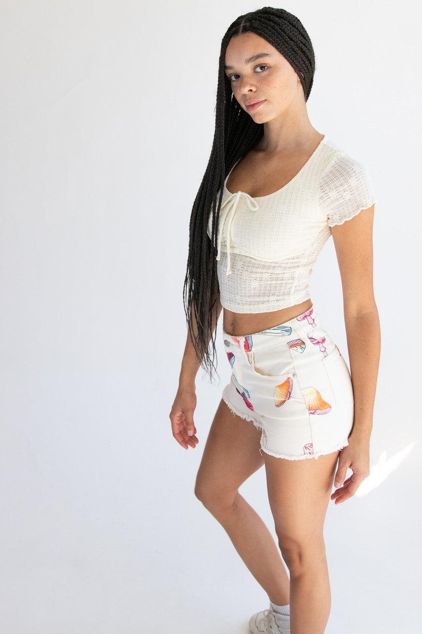 Large Mushroom Print Cut Off Shorts Product Image