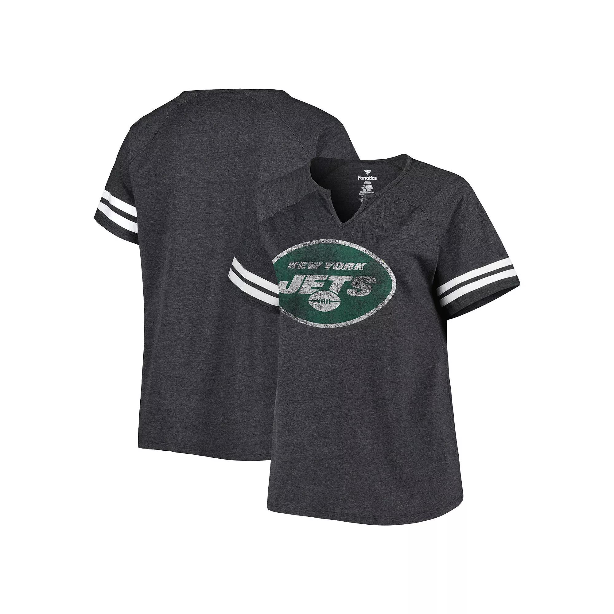 Women's Fanatics Heather Charcoal New York Jets Plus Size Raglan Notch Neck T-Shirt, Size: 2XL Product Image