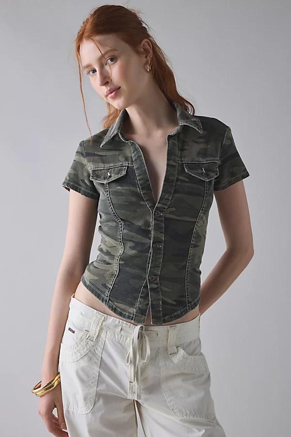 BDG Polly Denim Slim Short Sleeve Button-Up Shirt Top Womens at Urban Outfitters Product Image