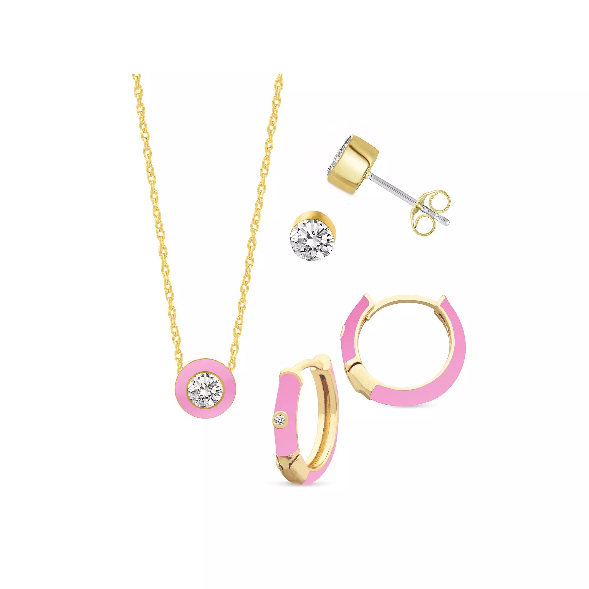 Royal Aura Heart Gold Tone Crystal & Black Enamel Heart Necklace, Huggie Earrings, & Stud Earrings Set, Women's, Size: 17", Gold Tone Black Product Image