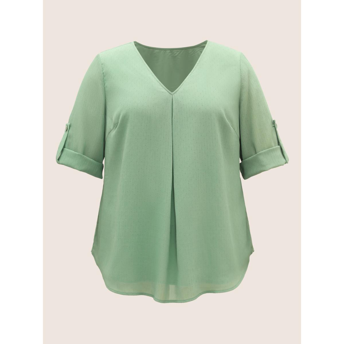 Plus Size Mint V Neck Plain Pleated Tab Sleeve Blouse Women Work From Home Elbow-length sleeve V-neck Work Blouses BloomChic 12/L Product Image