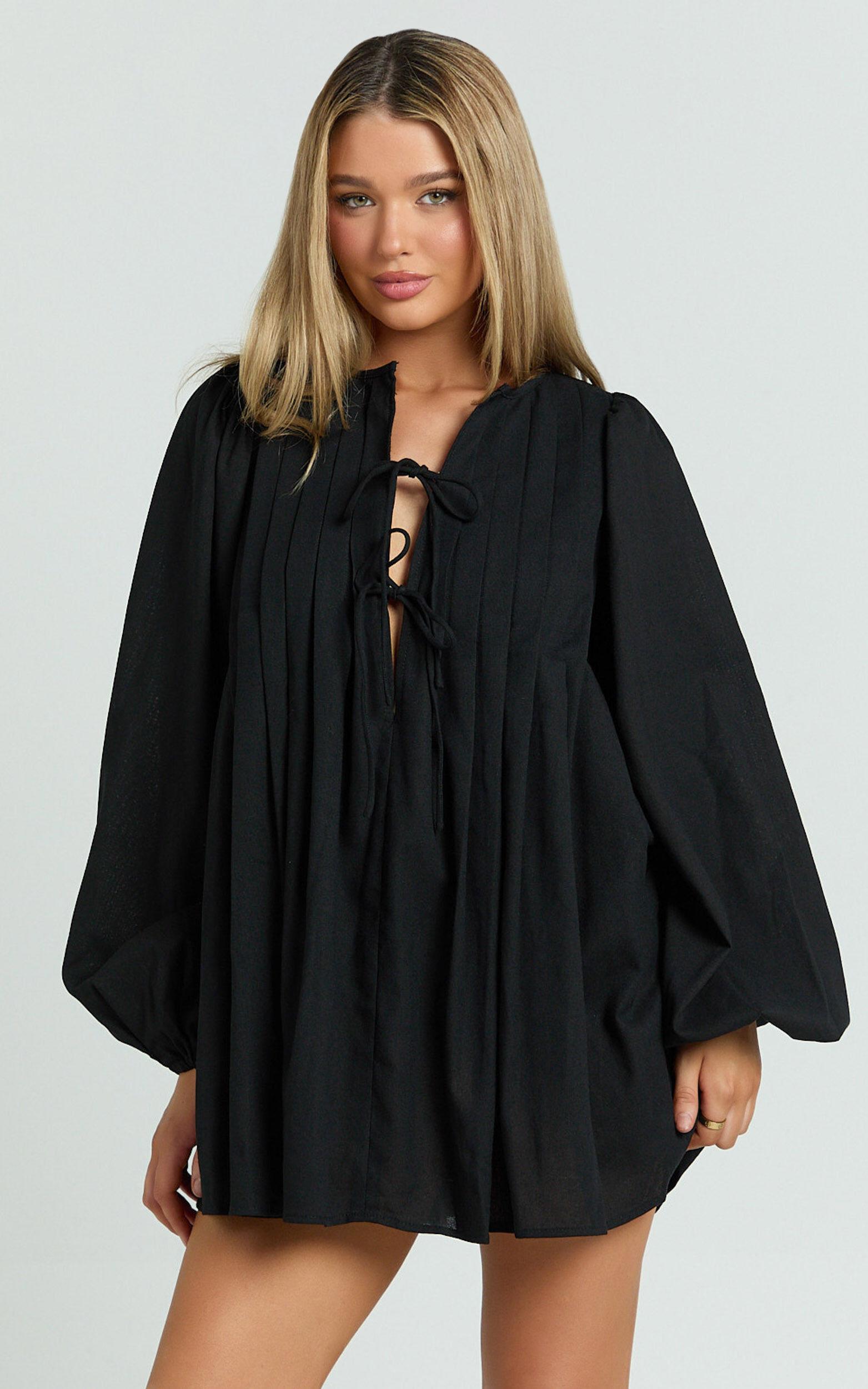 Suzette Mini Dress - High Neck Tie Front Long Sleeve Pleat Front Babydoll Dress in Black Product Image